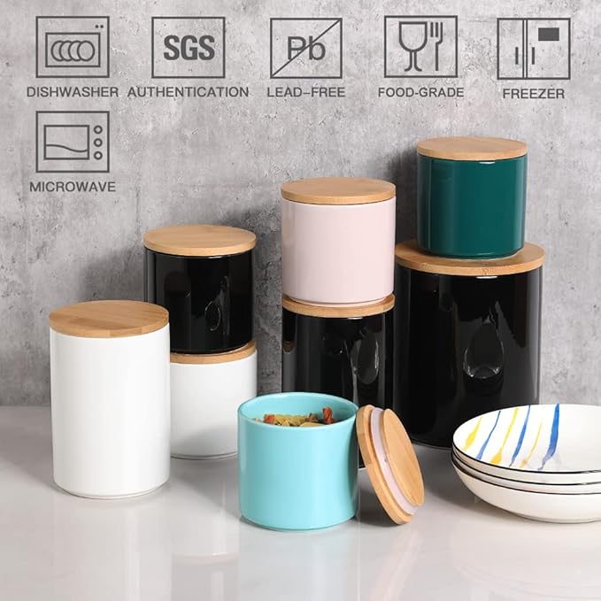 Sweejar Ceramic Kitchen Canister Sets, Porcelain Container for Countertop, Heavy Food Storage Jars with Airthight Seal Bamboo Lid, Servering for Sugar, Coffee Beans, Tea Leaves, Pack of 4(White)