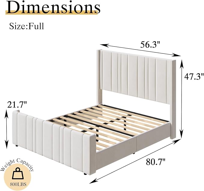 HOMBCK Full Bed Frame Upholstered Bed with Vertical Channel Tufted Headboard & Footboard/Wooden Slats/No Box Spring Needed/Easy Assembly, Cream