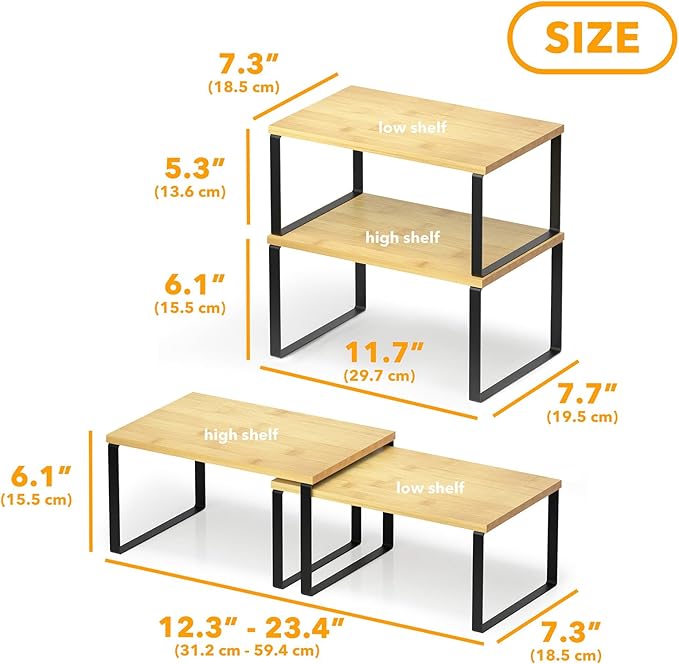 SpaceAid Cabinet Shelf Organizers 2 Pack, Kitchen Counter Rack Shelves Riser, Stackable Expandable Spice Rack, Pantry Cupboard Storage Organization (Black and Natural, Short)