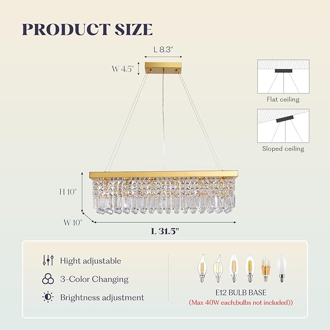 Modern Gold Crystal Chandelier,Rectangular K9 Crystal Raindrop Light Fixture,6 Light Rectangle Chandeliers for Dining Room Living Room Kitchen Island L31.5''xW10''xH10''