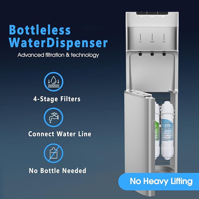 Self Cleaning Bottleless Water Cooler Dispenser with 4 Stage Water Filter 3 Temperature Settings Silver