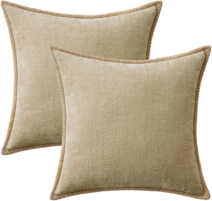 MIULEE Pack of 2 Couch Throw Pillow Covers 18x18 Inch Beige Farmhouse Decorative Pillow Covers with Stitched Edge Soft Chenille Solid Dyed Spring Pillow Covers for Sofa Bed Living Room
