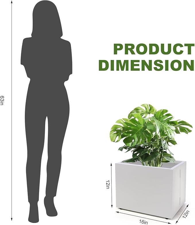 Metal Planter Box Rectangular Block-No Installation Required Galvanized Steel Long Box Planter Modern Outdoor Planters All-Weather Use with Drainage Holes for Patio/Porch,16 ×12×12IN(White)