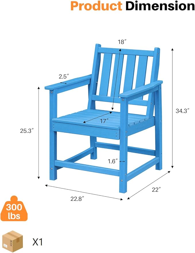 Patio Dining Chair Set of 2, HDPE Outdoor Dining Chair, Ergonomic HDPE Dining Chairs with Deep Seating, All Weather Outdoor Chairs Furniture for Backyard, Deck, Garden, Poolside, Sky Blue