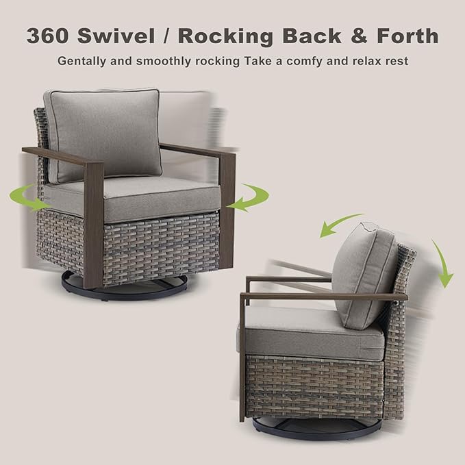 Outdoor Wicker Patio Furniture Set - 5 Piece Patio Conversation Set with 2 Wicker Swivel Rocker Chairs,2 Rattan Ottoman and 1 Couch,Thick Cushions,Deep Seating,Wide Armrest(Mixed Grey/Grey)