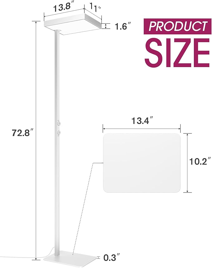 EMITEVER LED Floor Lamp, 60W Full-Spectrum Eye-Care Standing Light, 72.8” Dimmable Reading Lamp for Study Rooms, Living Rooms, Dental Offices and Conference Lighting, 4000K Natural Daylight, White