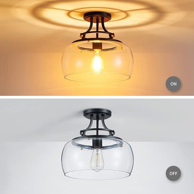 WUZUPS Chandelier Rustic Farmhouse Industrial Round Semi-flushmount Ceiling LED Light Fixture with Clear Glass Shades for Bathroom Kitchen Foyer Entryway, H 11.8" x W 13.4", E26 Base, Black