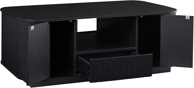 46.5" Oval Coffee Table with Drawers and Storage Mid Century Modern Fluted Solid Wood Side Coffee Tables, Luxury Tea Table Center Table for Living Rooms Offices Apartmen, Black