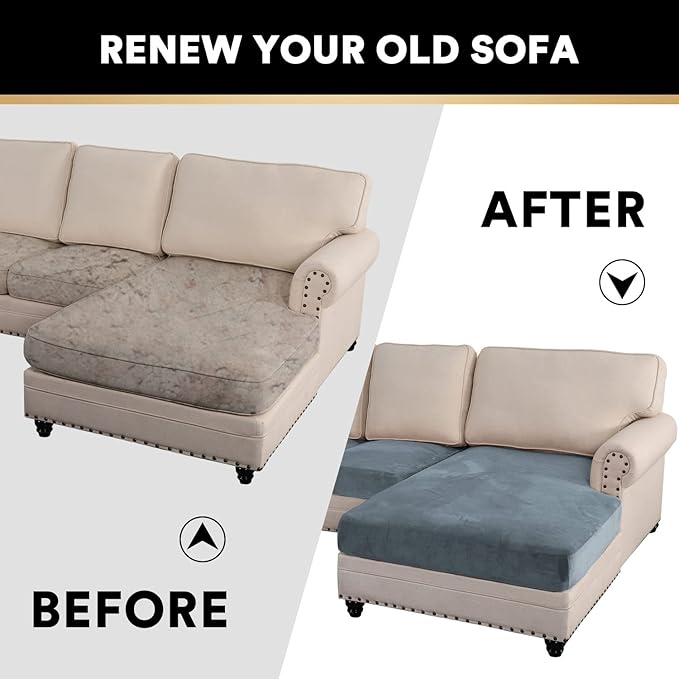 PrinceDeco Sectional Couch Covers 3 Pieces Velvet Sofa Covers L Shape Soft Couch Covers for Sectional Sofa Corner Sofa Cover Couch Cover for Dogs Washable (2 Seater + 1 Chaise,Stone Blue)