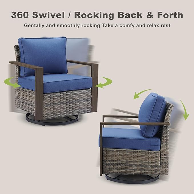 Outdoor Wicker Patio Furniture Set - 8 Piece Patio Conversation Set with 4 Wicker Swivel Rocker Chairs,2 Rattan Ottoman 1 Side Table and 1 Couch,Thick Cushions,Deep Seating(Mixed Grey/Blue)