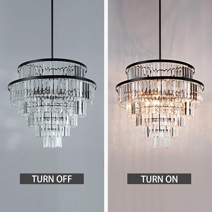 Luxury 6-Tier Round K9 Crystal Chandelier, Black Finish 26 Inch Diam Ceiling Light, Classic Elegant Chandelier with Crystal Piece, Lighting Fixture for Hallway, Bedroom, Living Room