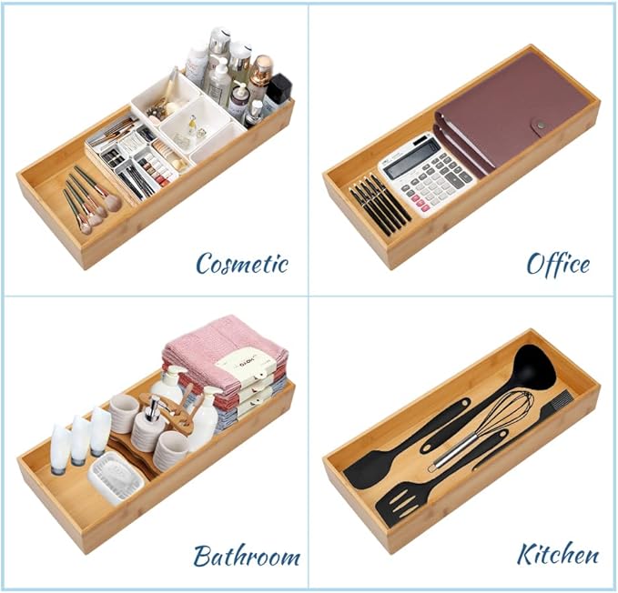 Bamboo Drawer Organizer - Kitchen Utensil Organizer Silverware Tray Cutlery Holder,Office Desk Supplies and Accessories (12x3x2.6 inch)