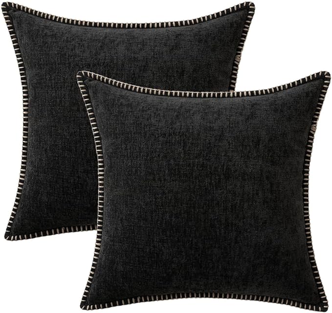 MIULEE Pack of 2 Couch Throw Pillow Covers 16x16 Inch Black Farmhouse Decorative Pillow Covers with Stitched Edge Soft Chenille Solid Dyed Spring Pillow Covers for Sofa Bed Living Room