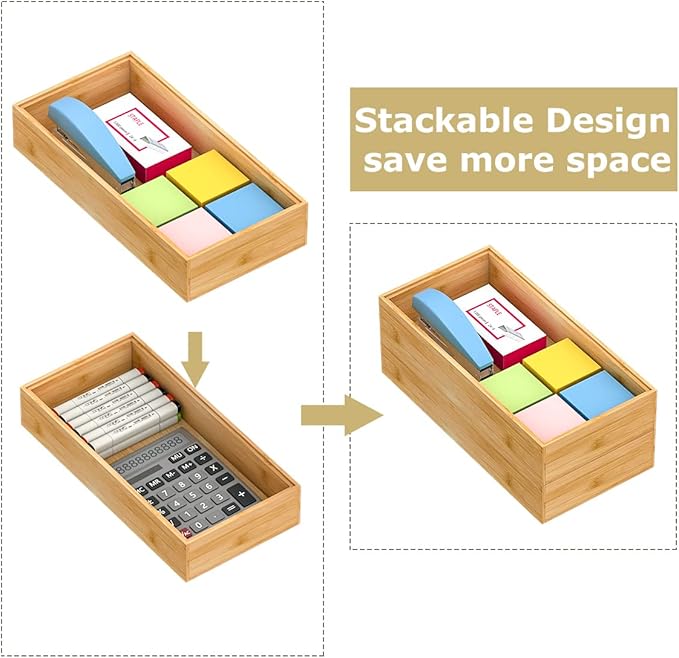 Bamboo Kitchen Drawer Organizer,Stackable Silverware Tray Utensil Organizer Cutlery Holder for Kitchen,Wooden Storage Box for Bathroom, Multi-Use Drawer Organizer for Office,Makeup(12x6x2.5 inch)