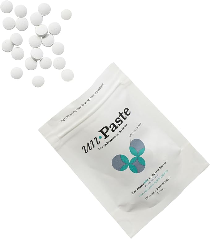 New Formula, Unpaste Toothpaste Tablets, Now w/Nano-HYDROXYAPATITE, Fluoride-Free Mint Remineralizing Tablet, Xylitol Free, Vegan, Plastic Free, Travel-Friendly, Resealable Packet, 125ct/2 mo Supply