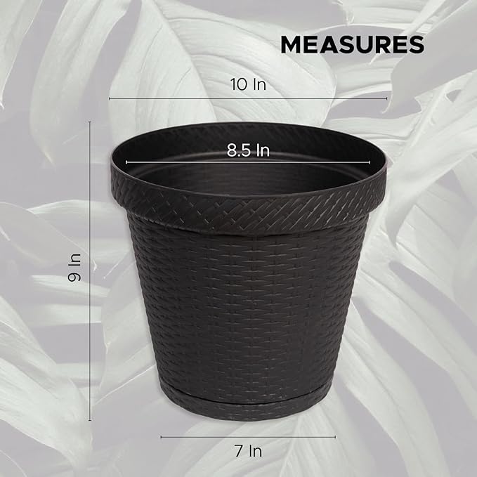 Elly Décor Set of 2 10 inch Round Saucer Modern Self Watering Planter Plates, Pots with Rattan-Like Finish, 10x10 Onix Gray