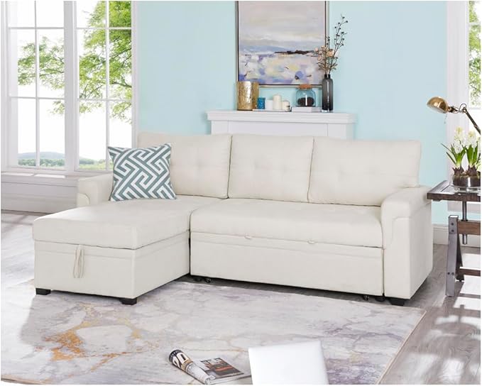 Naomi Home Transform Any Space: Sleeper Sectional Sofa with Convertible Sofa Bed & Inviting Chaise. Find Tranquil Comfort with Stress-Relieving Design & Durable Cushions - Cream/Velvet