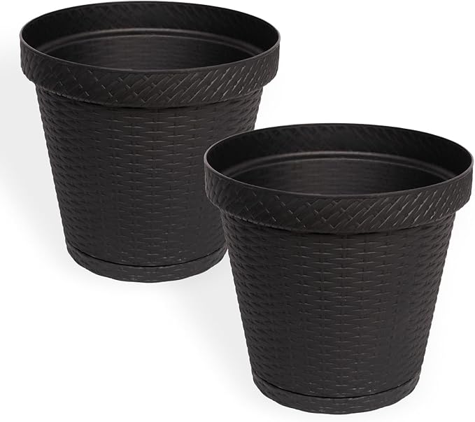 Elly Décor Set of 2 10 inch Round Saucer Modern Self Watering Planter Plates, Pots with Rattan-Like Finish, 10x10 Onix Gray