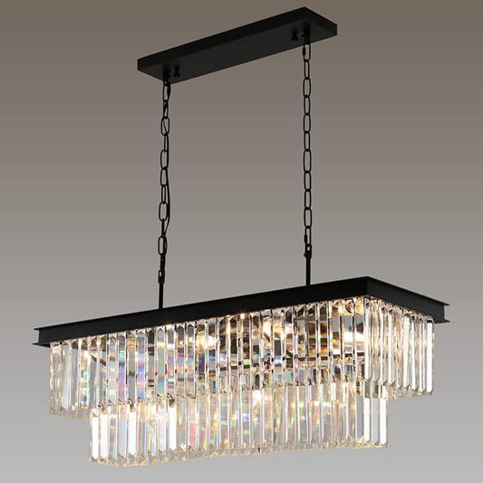 Crystal Chandeliers for Dining Room 11-Light Black Modern Chandelier Rectangle Contemporary Pendant Light Fixture for Kitchen Island Bar L33.5 Inch