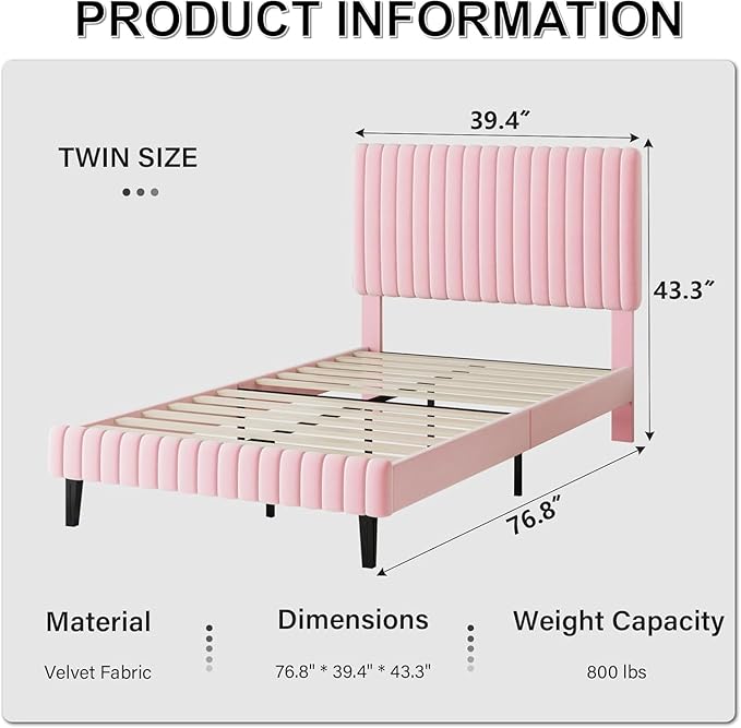 Twin Size Bed Frame, Velvet Upholstered Platform Bed with Vertical Channel Tufted Headboard and Footboard, No Box Spring Required, Easy Assembly, Pink