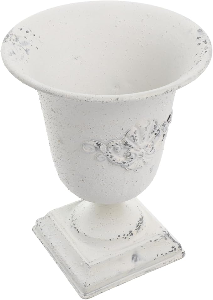 POPETPOP Tall Urn Vase Retro White Metal Urn Planter Pedestal Flower Pot Rustic Farmhouse Flower Holder for French Country Style Home Table Centerpiece Decor,5.9x5.9x7.47 inches