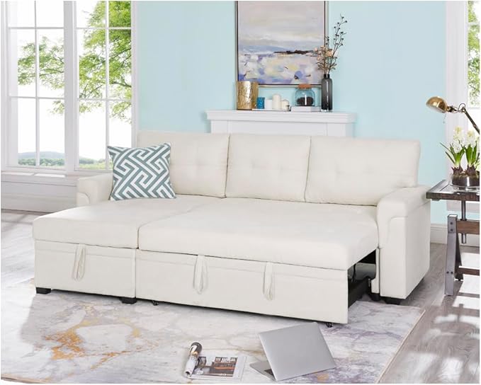 Naomi Home Transform Any Space: Sleeper Sectional Sofa with Convertible Sofa Bed & Inviting Chaise. Find Tranquil Comfort with Stress-Relieving Design & Durable Cushions - Cream/Velvet