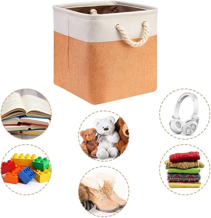 i BKGOO 3Pack Large Foldable Storage Bins,Collapsible Sturdy Cationic Fabric Organizing Storage Basket Cube with Cotton Handles for Home Office Shelf Clothes Toys Beige-Orange 13×13×13 inch