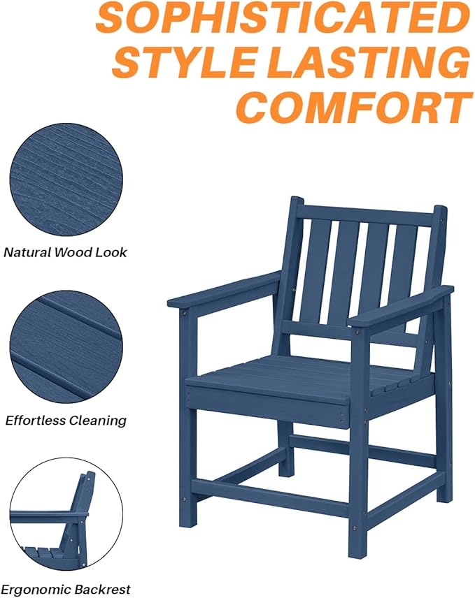 Patio Dining Chair Set of 2, HDPE Outdoor Dining Chair, Ergonomic HDPE Dining Chairs with Deep Seating, All Weather Outdoor Chairs Furniture for Backyard, Deck, Garden, Poolside, Navy