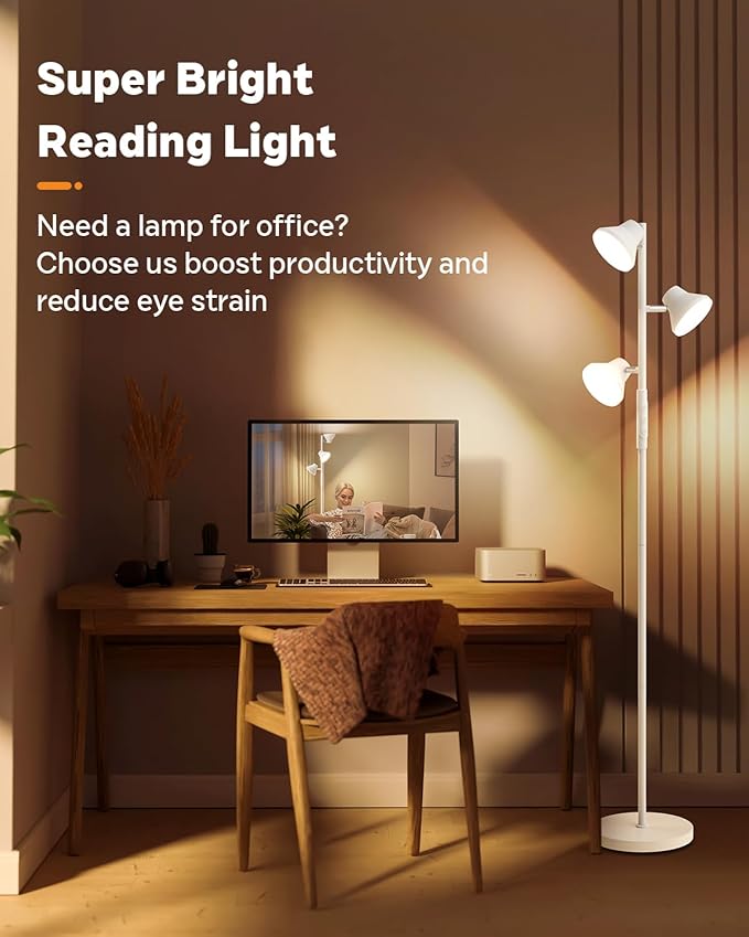 White Floor Lamp, 36W Modern Dimmable Standing Lamp 2700-6500K, 3 Rotatable LED Lights Reading Tall Lamp, Touch & Remote Control Floor Lamps for Living Room Bedroom Office