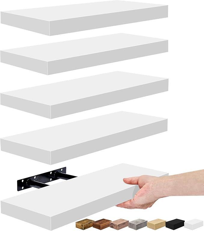 Sorbus Floating Shelves for Wall, Bathroom Shelves Wall Mounted for Kitchen, Bedroom, Living Room, Bathroom Storage, Over Toilet, Hanging Book Shelf for Wall Home Decor (White, 5 Pack)