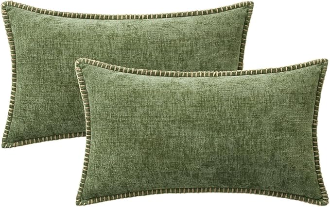 MIULEE Pack of 2 Couch Throw Pillow Covers 12x20 Inch Sage Green Farmhouse Decorative Pillow Covers with Stitched Edge Soft Chenille Solid Dyed Spring Pillow Covers for Sofa Bed Living Room