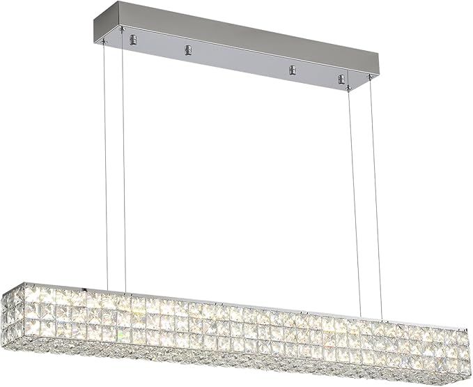 Modern Crystal Chandelier Silver Rectangular Crystal Chandelier Contemporary Linear Pendant Ceiling Light Fixture for Living Dining Room Kitchen Island (L 40")