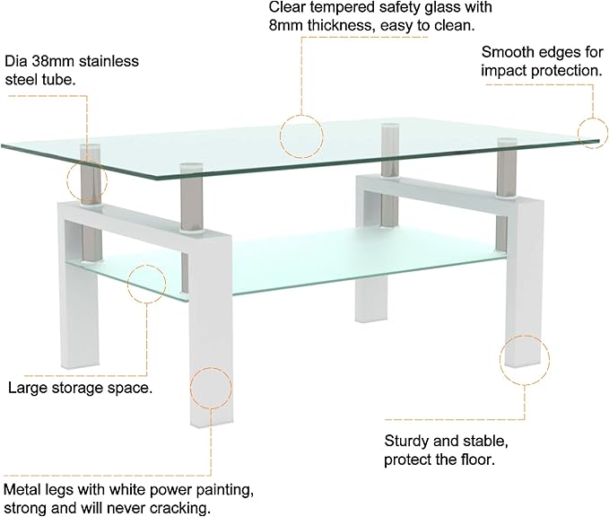 Glass Coffee Table Rectangle White Living Room Center Table, 39inch Transparent Tempered Glass Tabletop and Metal Frame, White + Clear Glass
