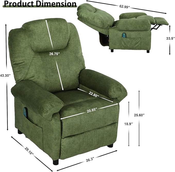 KCREAM Green Massage Recliner Chair, Small Recliners for Small Spaces, Overstuffed Recliners Living Room Chairs for Adults Fabric Manual Recliner Chairs with Heating Single Sofa Chair