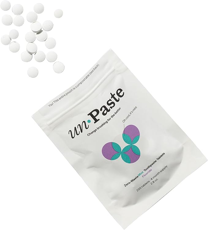 New Formula, Unpaste Toothpaste Tablets, Fluoride Mint, Xylitol Free, Vegan, Plastic Free, Travel-Friendly, Resealable Packet, 250ct, 4 Month Supply