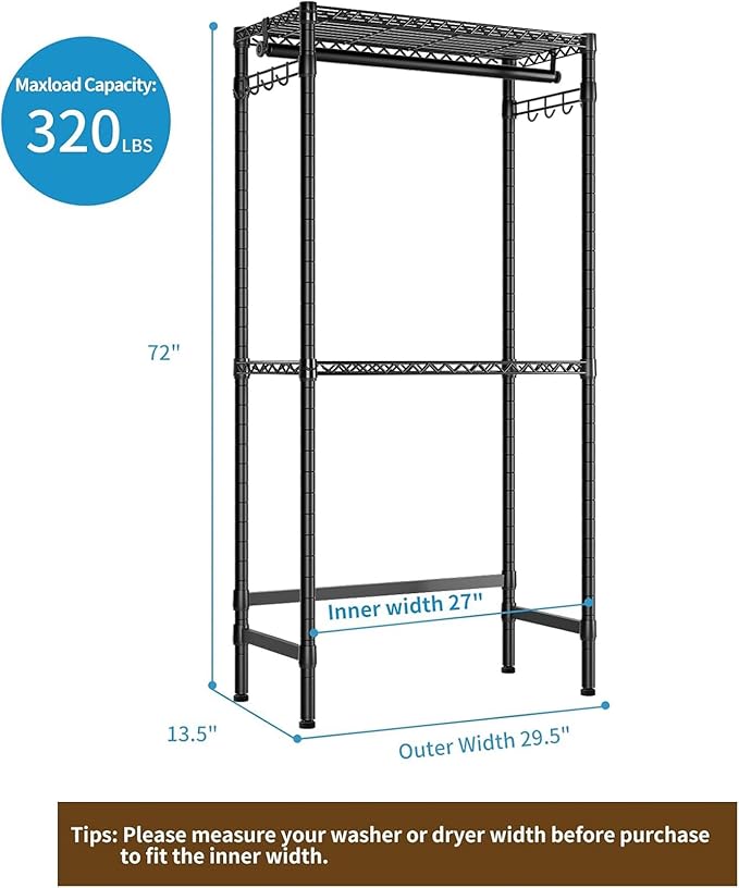 Over Washer and Dryer Shelves,2 Tier Adjustable Height Wire Shelving Laundry Room Storage Organization Clothes Drying Rack with Hanger Rod&Hooks,Space Saving Organizers Shelf,Black