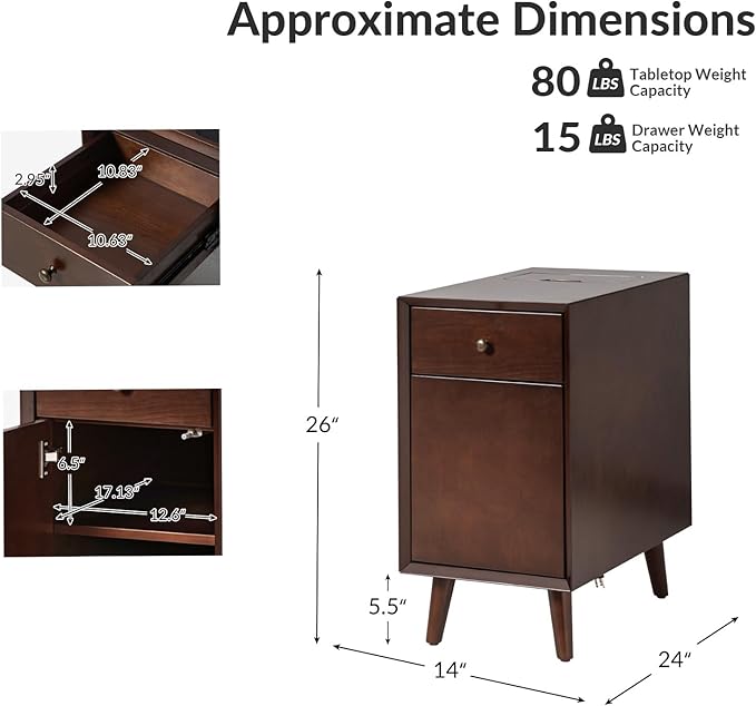HULALA HOME End Table with Drawer Set of 2, Modern End Table with USB Ports and Outlets, Wooden Side Table with Storage-Walnut