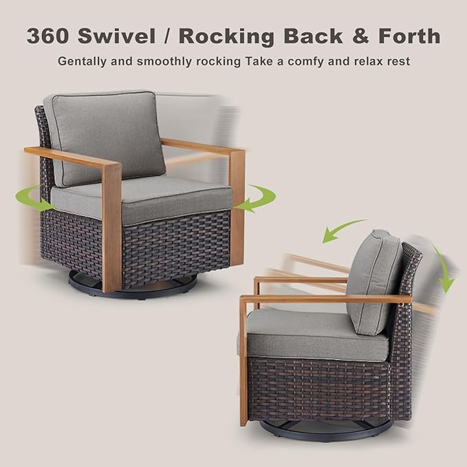 Outdoor Wicker Patio Furniture Set - 5 Piece Patio Conversation Set with 2 Wicker Swivel Rocker Chairs,2 Rattan Ottoman and 1 Couch,Thick Cushions,Deep Seating,Wide Armrest(Brown/Grey)