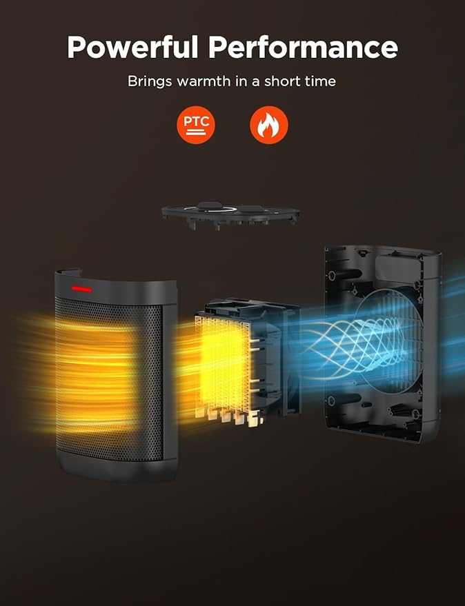 1000W Small Space Heater for Indoor Use, 2S Fast Heating, PTC Ceramic Electric Space Heater with 3 Modes, Thermostat, Overheated & Tip-Over Safety Protection, Portable Heater for Office and Bedroom