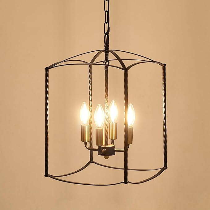 Farmhouse 4 Lights Pendant Light, Industrial Black Lantern Chandelier with E12 Gold Base Metal Cage Rustic Geometric Hanging Light Fixtures for Kitchen Island Foyer Entryway Dining Room