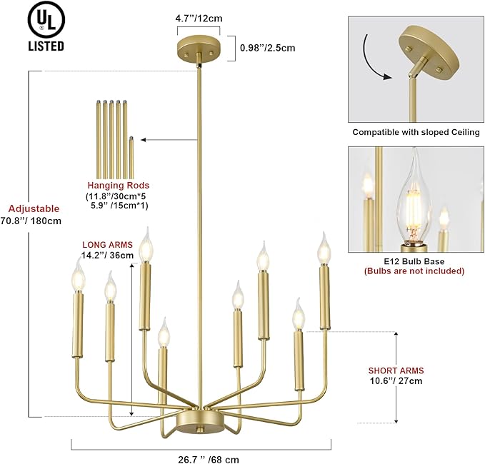 Modern Gold Farmhouse Chandeliers, 8-Light Industrial Metal Chandelier Lighting, Classic Candle Hanging Pendant Light Fixtures for Kitchen Bedroom, Dining Room, Living Room,Foyer