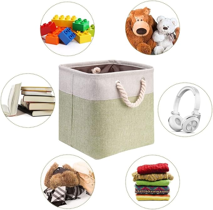 i BKGOO 3Pack Large Foldable Storage Bins,Collapsible Sturdy Cationic Fabric Organizing Storage Basket Cube with Cotton Handles for Home Office Shelf Clothes Toys Beige-Green 13×13×13 inch