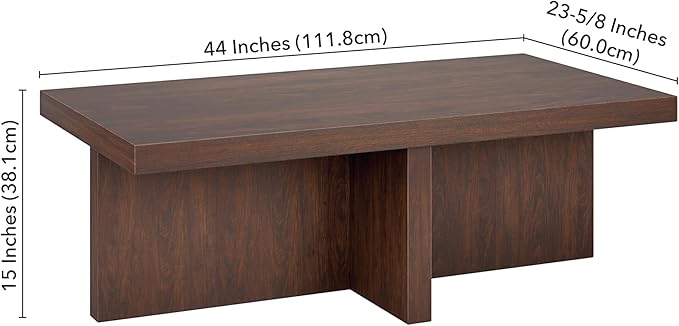 Henn&Hart 44" Rectangular Wood Pedestal Low-Profile Coffee Table for Living Room, Family Room, or Office, Alder Brown