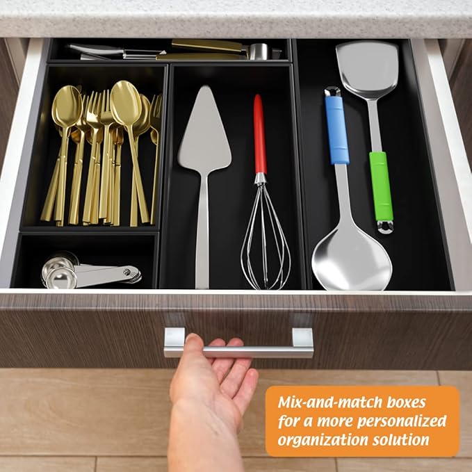 Black Bamboo Drawer Organizer - Silverware&Utensil Holder Organizer for Kitchen Drawers, Multi-Use Drawer Dividers Boxes for Bathroom Counter,Cabinet, Garage, Office Desk, Makeup, Jewelry (12"3"2.5")