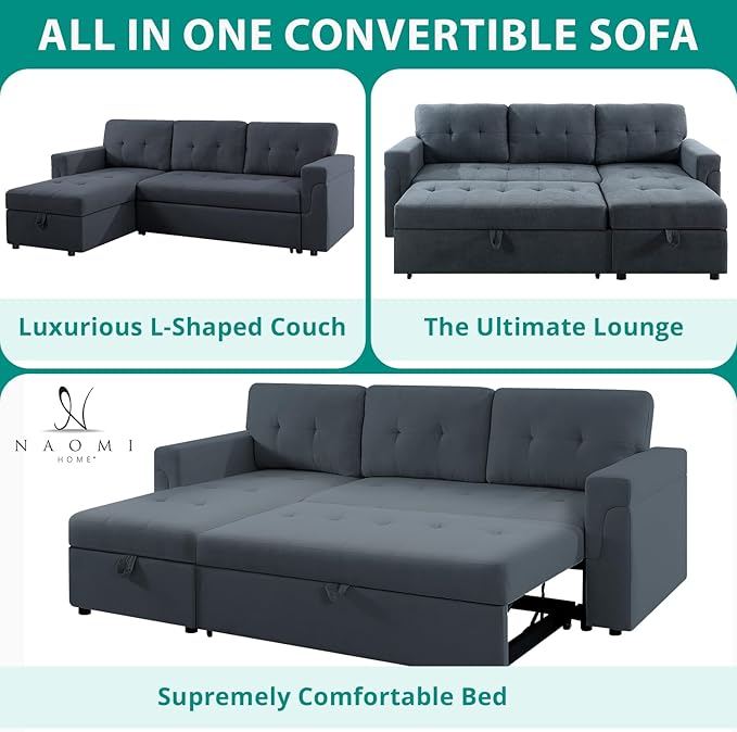 Naomi Home Transform Any Space: Sleeper Sectional Sofa with Convertible Sofa Bed & Inviting Chaise. Find Tranquil Comfort with Stress-Relieving Design & Durable Cushions - Dark Gray/Velvet