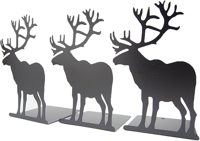 Winterworm Fashion Creative Cartoon Cute Iron Elk Moose Pattern Nonskid Metal Office Desk Bookends (Black)