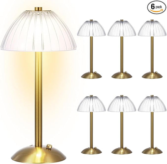 Liliful 6 Pcs LED Portable Cordless Table Lamp Touch Battery Operated Rechargeable Desk Lamp 3 Color Dimmable for Bedroom Living Room Dining (Mushroom Style,Gold)