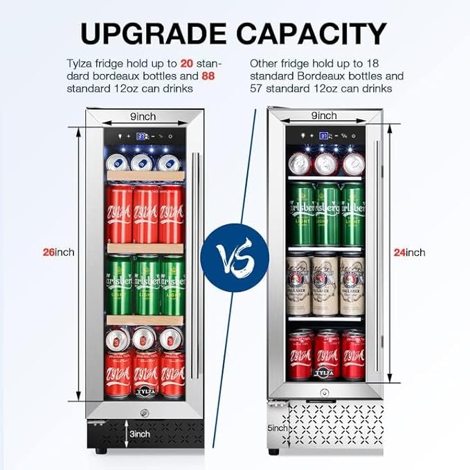 Tylza Upgraded Wine and Beverage Refrigerator 24 Inch, Dual Zone Wine Beverage Cooler with French Door, Under Counter Wine Beer Fridge Built-In or Freestanding, Holds 20 Bottles and 88 Cans, Low Noise