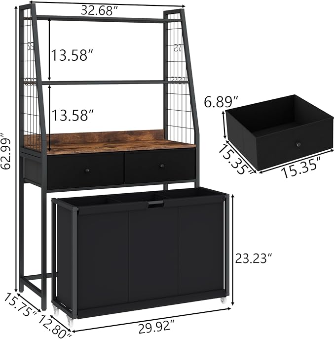 Laundry Hamper Laundry Basket with 3 Section Pull-Out Rolling Bags & 2-Tier Storage Shelf, Laundry Sorter for Organization and Storage with 2 Drawers for Laundry Room, Bathroom