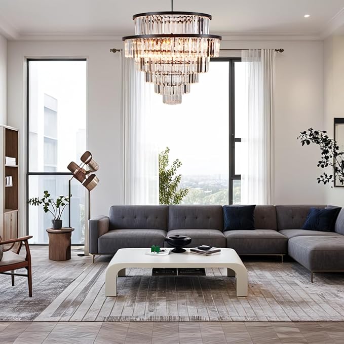 Luxury 6-Tier Round K9 Crystal Chandelier, Black Finish 26 Inch Diam Ceiling Light, Classic Elegant Chandelier with Crystal Piece, Lighting Fixture for Hallway, Bedroom, Living Room